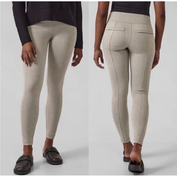 Athleta Delancey Herringbone Tights Leggings NWOT Tan Zipper Pockets Size Medium - Picture 1 of 11